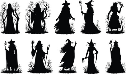 Collection of silhouette witch figures with mystical trees and spooky atmosphere