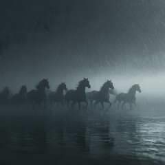 Fototapeta premium A herd of horses in a photo that feels like a dark photo
