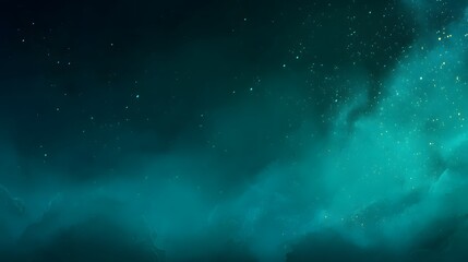 A mesmerizing teal and blue cosmic background filled with stars and ethereal clouds.