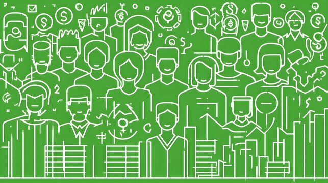 Diverse group of professionals illustrated in a minimalistic style, set against a vibrant green background.