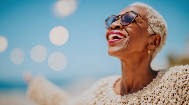 Joyful senior woman enjoying a sunny day outdoors at the beach
