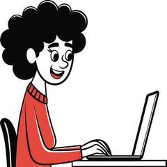 Smiling girl with curly hair in red sweater is using a laptop