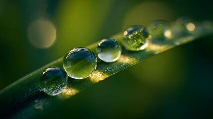 Close-up of dewdrops on a green blade of grass, capturing nature's beauty in the early morning light.