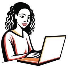 Smiling woman with curly hair is typing on a laptop keyboard in vector