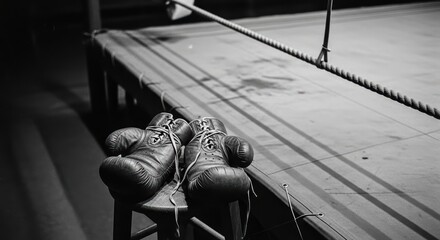 Vintage leather boxing gloves on stool beside empty boxing ring in black and white