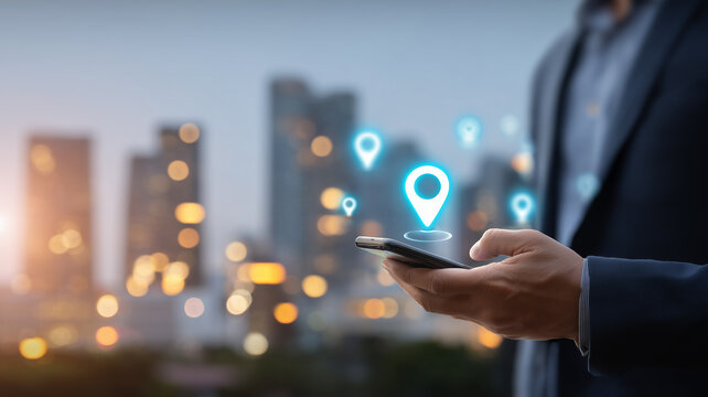 A professional using a smartphone with location markers representing gps navigation local discovery and mobile tracking for services marketing logistics and urban mobility
