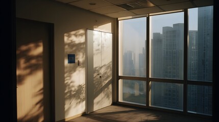 Fototapeta premium A serene office space with sunlight casting shadows through large windows, creating a calm atmosphere.