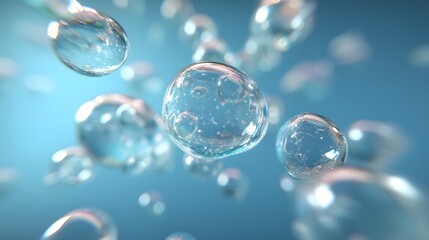 Floating water bubbles in a serene blue background, creating a tranquil and refreshing atmosphere.