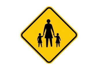 Yellow diamond warning sign depicting a woman holding hands with two children