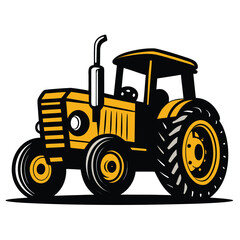 Cartoon styled yellow tractor showing heavy treaded wheels on an isolated white backdrop