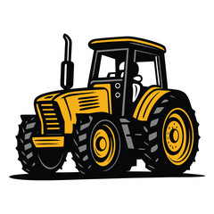 Cartoonish yellow and black tractor with thick tires sits isolated on a white background