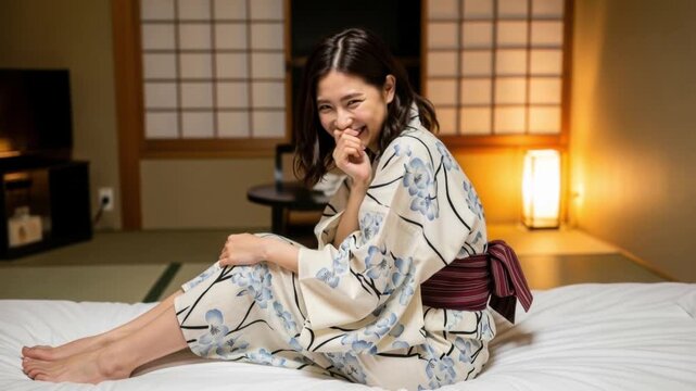 布団に座り、はにかみながら振り返り微笑む浴衣の女性