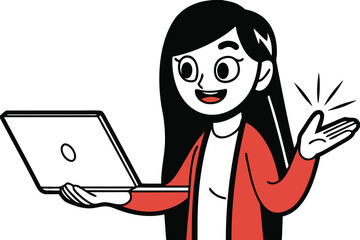 Animated woman shows laptop and her shining hand with an optimistic facial expression