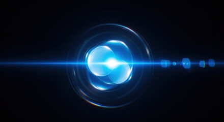 Futuristic blue and cyan light flare on a deep black background, cold glowing reflections, digital lens effect, holographic spectrum, smooth round shapes, minimal sci-fi photography lighting 