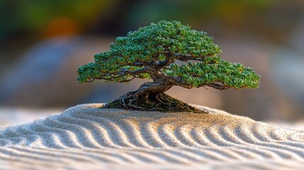 Tiny bonsai tree on a sand hill