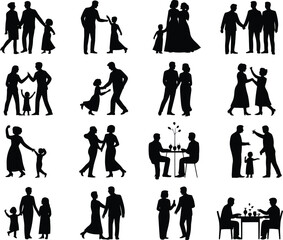 Silhouettes of diverse families and couples in various poses