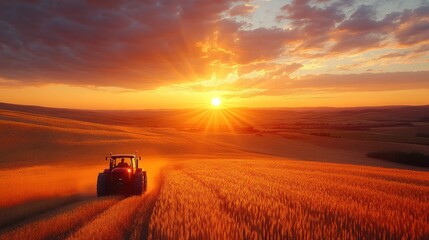 Fototapeta premium Tractor on golden field at sunset