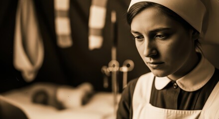 Young caucasian female nurse in historical outfit in medical setting