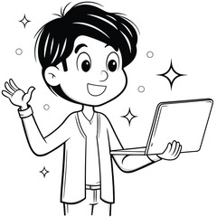 Cheerful Asian cartoon boy is waving with a laptop in monochrome tones