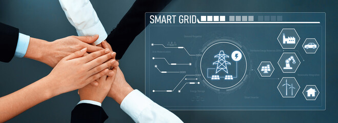 Diverse hands coming together symbolize collaboration in smart grid technology, showcasing a...