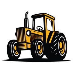 Bold yellow tractor with oversized tires sits against a simple white backdrop