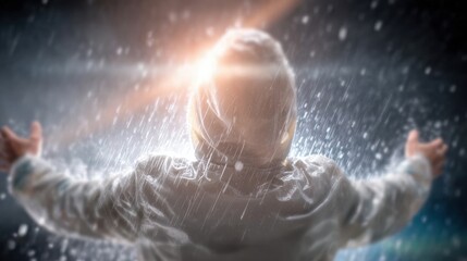 Fototapeta premium Person enjoying rain with arms wide open in a bright light
