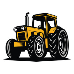 Cartoon yellow tractor with massive tires is boldly rendered on a white backdrop