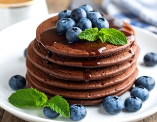 Stacked chocolate pancakes with syrup, blueberries, and mint garnish
