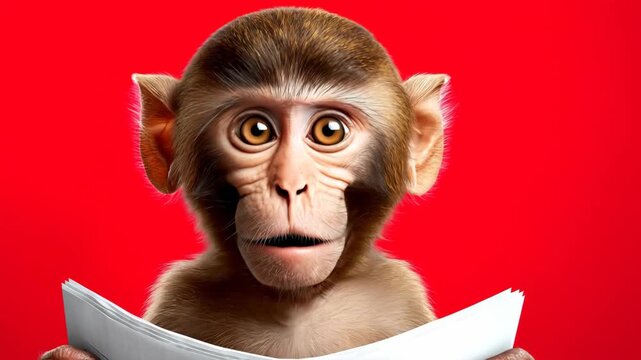 Monkey with wide open mouth reading newspaper with shocked expresssion. Animal surprised by news on red background footage.