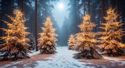 Snow-covered evergreen trees adorned with warm, golden lights stand in a serene, moonlit forest clearing. Gentle snowfall creates a magical, enchanting winter