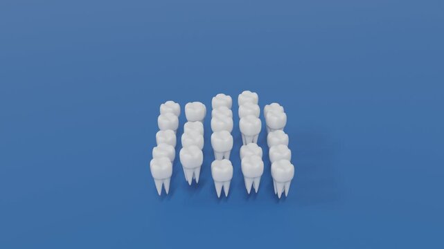 Abstract 3D animation of white teeth arranged in square grid bouncing evenly on dark blue surface, surreal futuristic minimal background with transparent geometry and modern rhythm.