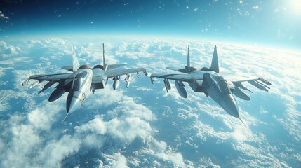 Two fighter jets soar above a cloudy planet