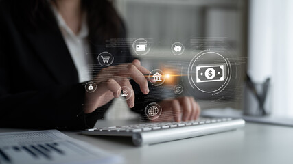 A fintech concept showing a network of digital banking services. This includes secure online payments, global transactions, and e-commerce for the modern financial system. Fermion