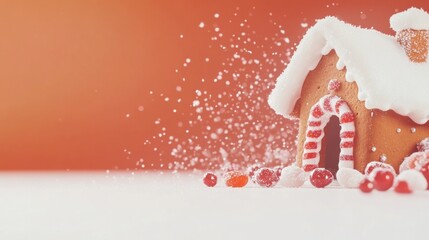 Gingerbread house decorated with candy and snowflakes on an orange background