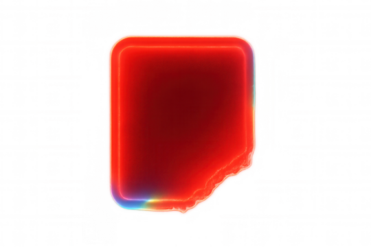 Glowing neon red square with broken corner and iridescent light, abstract digital cyber graphic design element