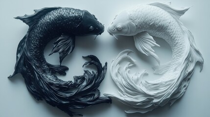 Two koi fish, black and white, yin-yang style