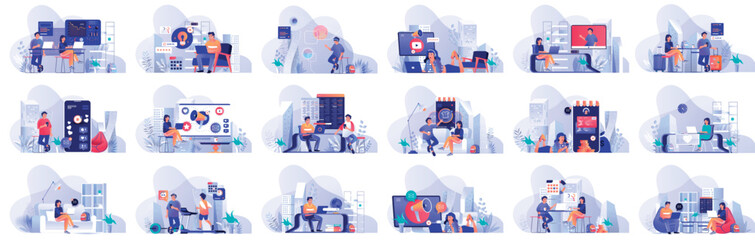 Mega set flat design concept business, marketing, shopping, banking, analysis, social network with people character situations. Bundle of different scenes. Collection vector illustrations.