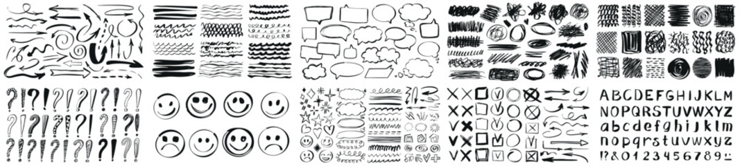 Mega set marker scribbles. Handwriting arrows, alphabet, check marks, emoji, speech bubbles, underline set of marker brush stroke texture. Bundle of different doodles. Collection vector illustrations.