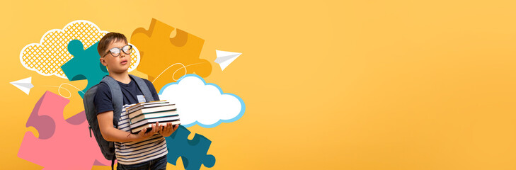 A young child with glasses smiles while holding a stack of books in a bright, cheerful setting. Colorful puzzle pieces and clouds form a vibrant background, enhancing the school atmosphere.