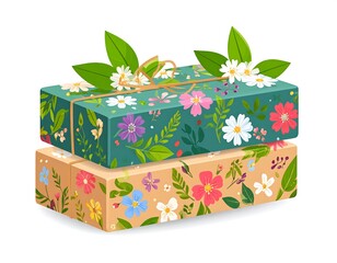Stacked, floral-decorated gift boxes tied with twine, adorned with leaves
