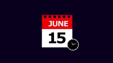 Year 15 June graphic Infrared calendar in futuristic and tech glowing, Calendar appearing with the date June 15,chroma key ,calendar icon monthly Clock countdown timer icon 4k video.