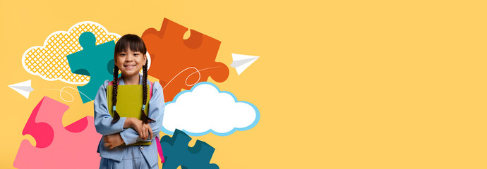 A cheerful child stands in a school setting, holding notebooks. Colorful puzzle pieces and fluffy clouds create a playful background. The scene suggests a fun learning environment for kids.
