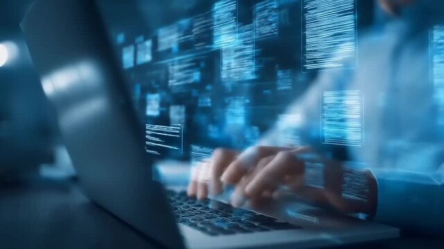 Hands typing on a laptop keyboard with digital data streams in the background