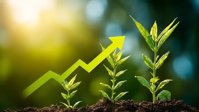 Image depicts three growing plants with a green upward arrow, symbolizing growth