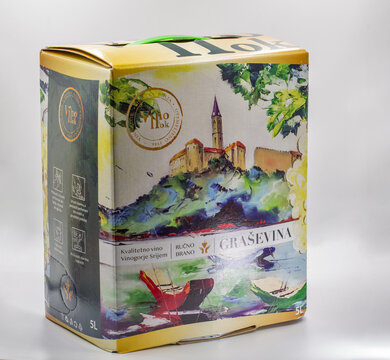 Croatian Grasevina wine box packaging closeup on white.