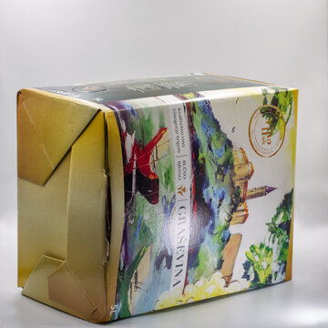 Croatian Grasevina wine box packaging closeup on white.