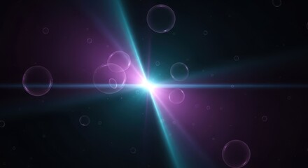 Surreal abstract light flare in purple, teal, and soft magenta hues, smooth transitions and orbs of light floating in deep dark space, mysterious and cinematic atmosphere. 