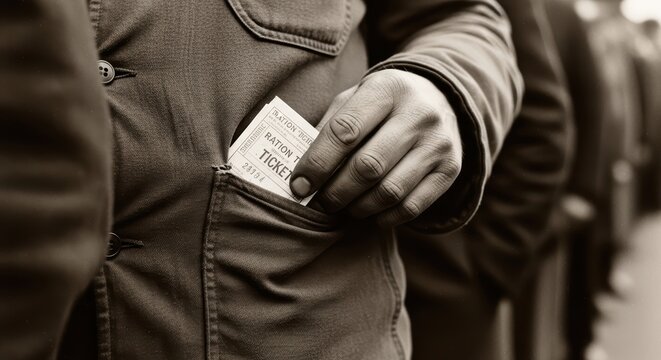 African male hand holding ration ticket in pocket