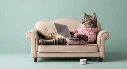 A funny tabby cat in a pink sweater works on a laptop while relaxing on an armchair. Humorous remote work and work from home concept with copy space