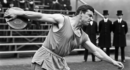 Young caucasian male athlete competing in historic discus throw event outdoors